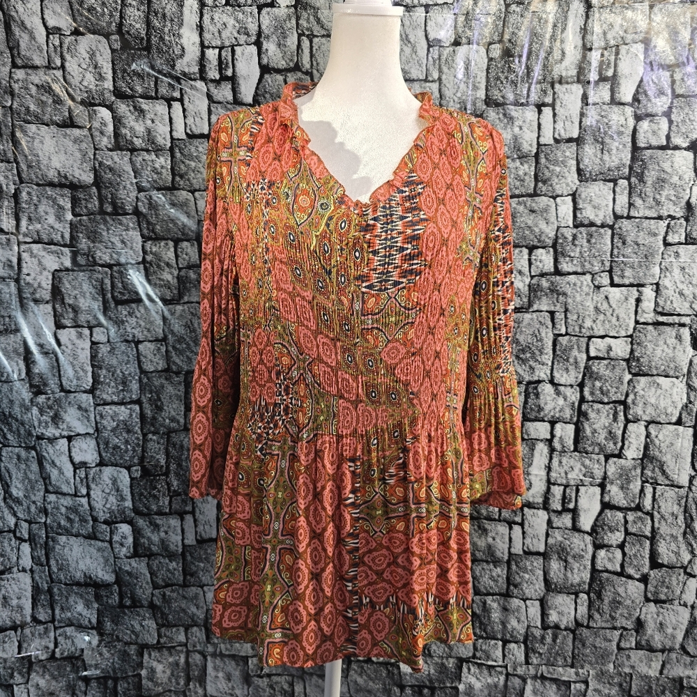 Vibrant Bohemian Women's Blouse - Orange and Pink By Chloe+rene Size Small